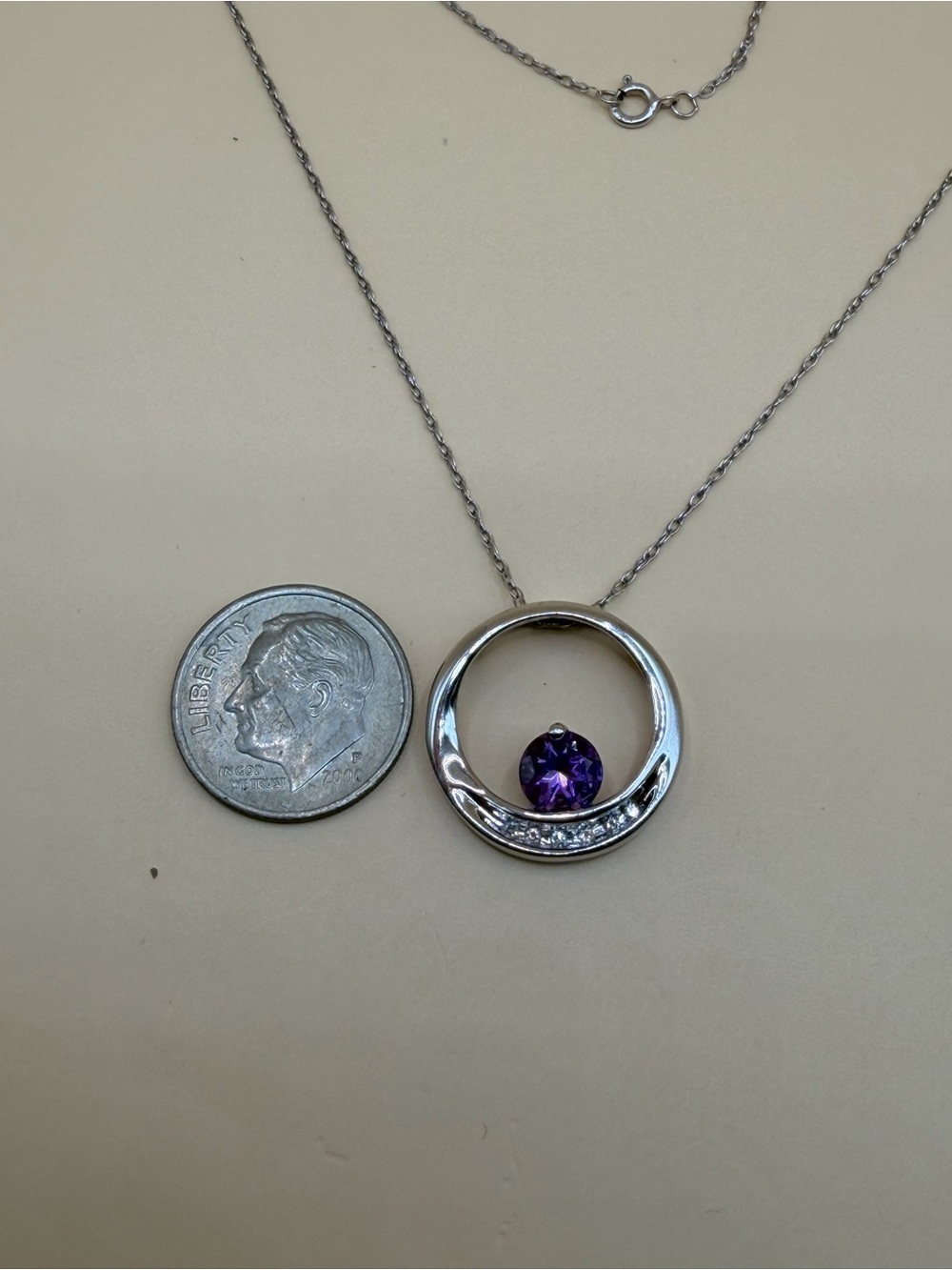 14k White Gold Amethyst & Diamond Pendant 18.5” Chain.